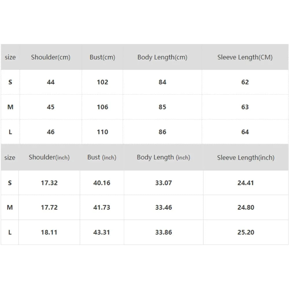Size chart for clothing with measurements in centimeters and inches.