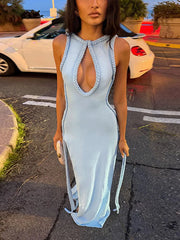 Braided trim cutout maxi dress in light blue
