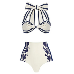 Striped Halter Bow Bikini Top and High-Waisted Shorts Set