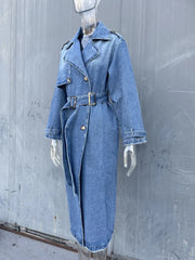 Denim Trench Coat Belt Lapel Jeans Long Windbreaker