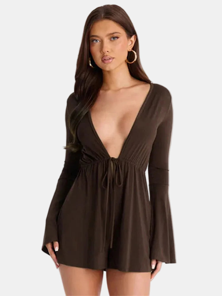 Plunge neck bell sleeve playsuit in brown