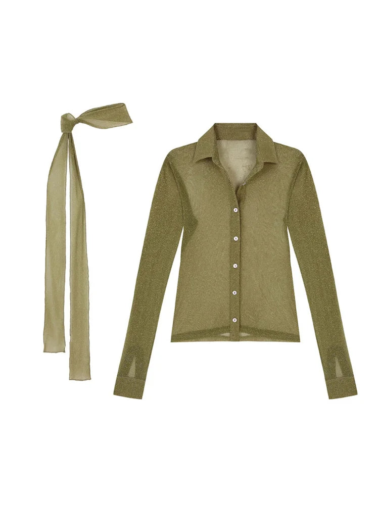 Green long-sleeve shirt with a tie detail on a white background