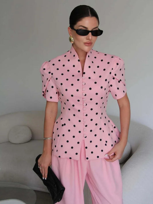 Polka dot puff sleeve mandarin collar top