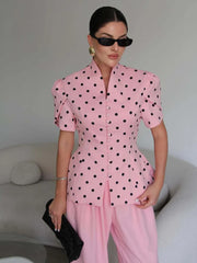 Polka dot puff sleeve mandarin collar top