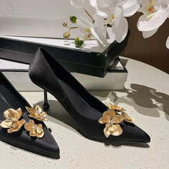 Black Gold Metallic Flower Pumps Fine High Heel Shoes