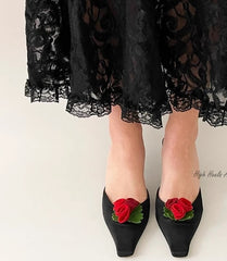 Womens's 3D Flower Low Heels Black Silk Mules Shoes