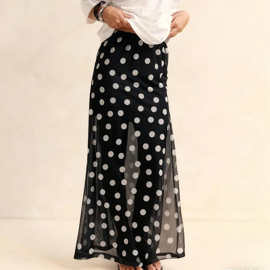 Polka dot mesh maxi skirt in black with white dots