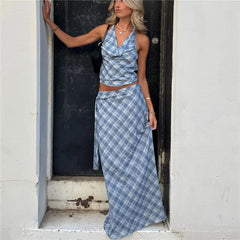 Blue plaid cowl neck halter crop top and matching maxi skirt set