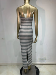 Glitter Stripe Strapless Long Gown