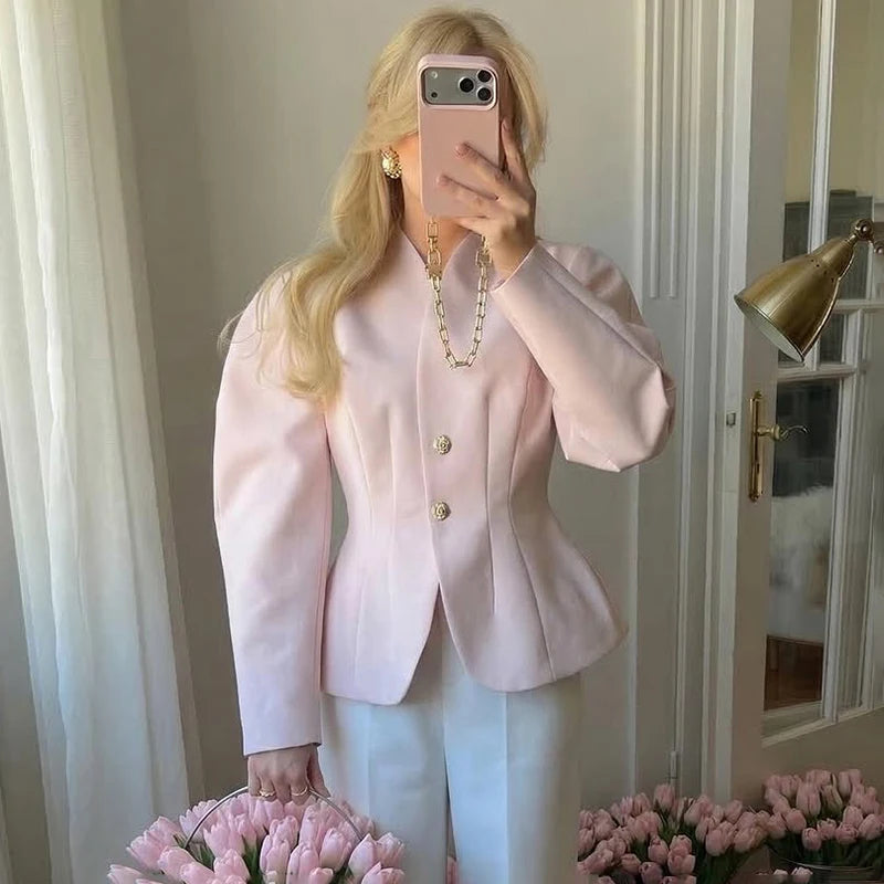 Light pink V-neck waist-cinching blazer