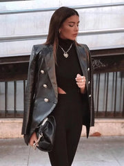 Faux Leather Vintage Black PU Jacket Women Long Coat