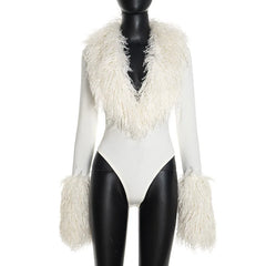 Faux Fur Trimmed V-Neck Long Sleeve Bodysuit