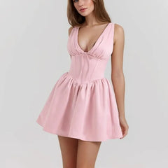 Pink Stain Pleated Ruched Strap Bow Folds Hem Mini Dress