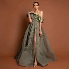 One Shoulder Olive Green Cape Sleeves Side Slit Gown