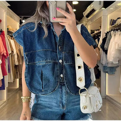 Double Pocket Turn Down Collar Short Denim Top Vest