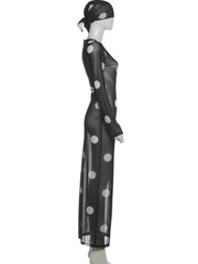 Black Long Sleeve Polka Dot Mesh Maxi Dress