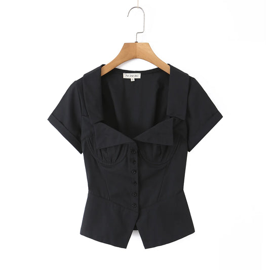 White lapel collar corset top with lace-up back detail