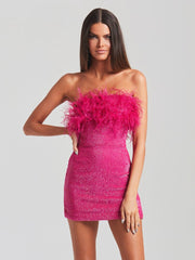 Women Strapless Feathers Sequins Pink Bodycon Mini Dress