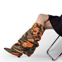 Camouflage pleated wedge knee-high boots seated