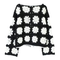 Flower Plaid Hand Crochet Bow Lacing up Sweater