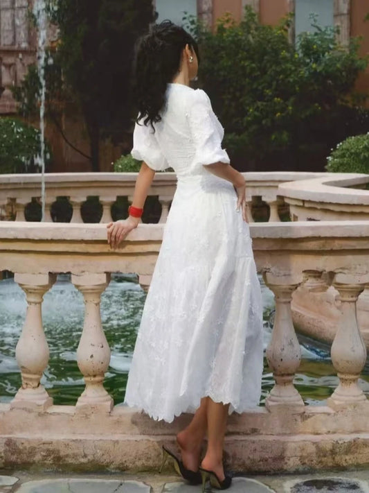 White embroidered puff sleeve midi dress back view