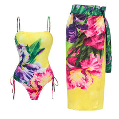 Ruffled Floral Print One-Piece Swimsuit and Maxi Skirt Set