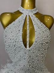 Beaded Feather Halter Sequin Mini Dress