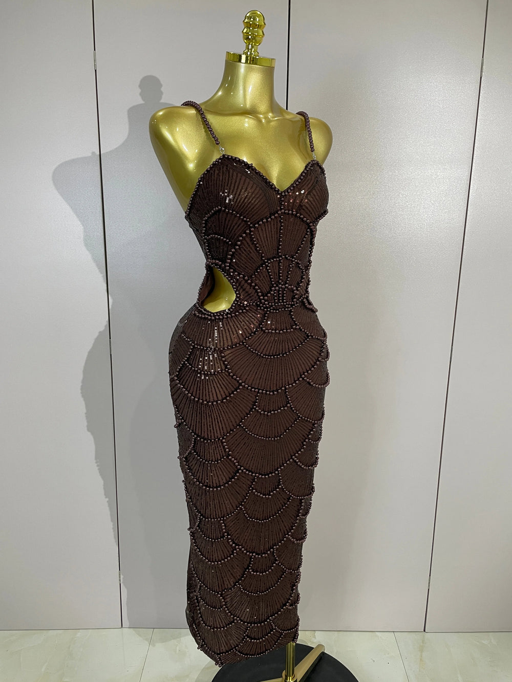 Brown beaded sequins spaghetti strap dress with cutouts