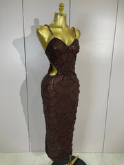 Brown beaded sequins spaghetti strap dress with cutouts