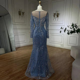 Blue Mermaid Beaded Pearls Evening Dresses Gowns For Women