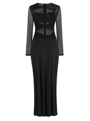 Black Hollow Out Knot Design Mesh Long Sleeves Maxi Dress