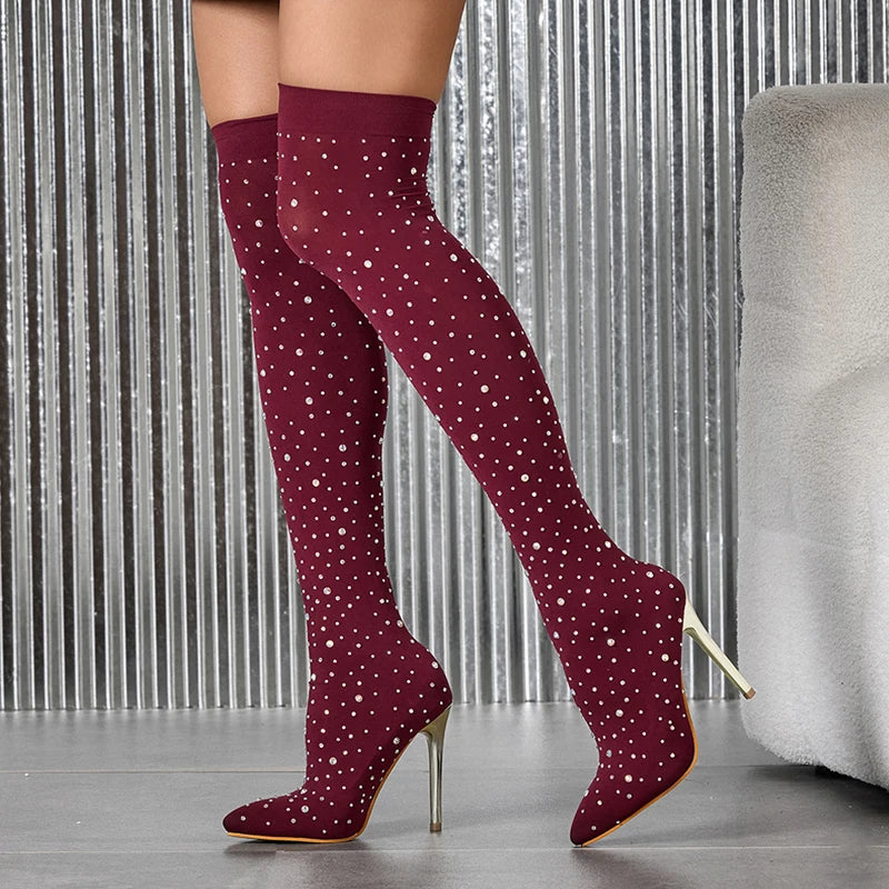 Burgundy crystal embellished over-the-knee stiletto boots