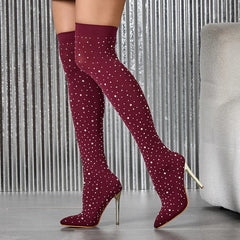 Burgundy crystal embellished over-the-knee stiletto boots