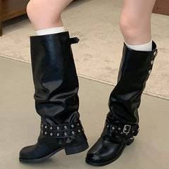 Foldable Snap Button Knee High Boots