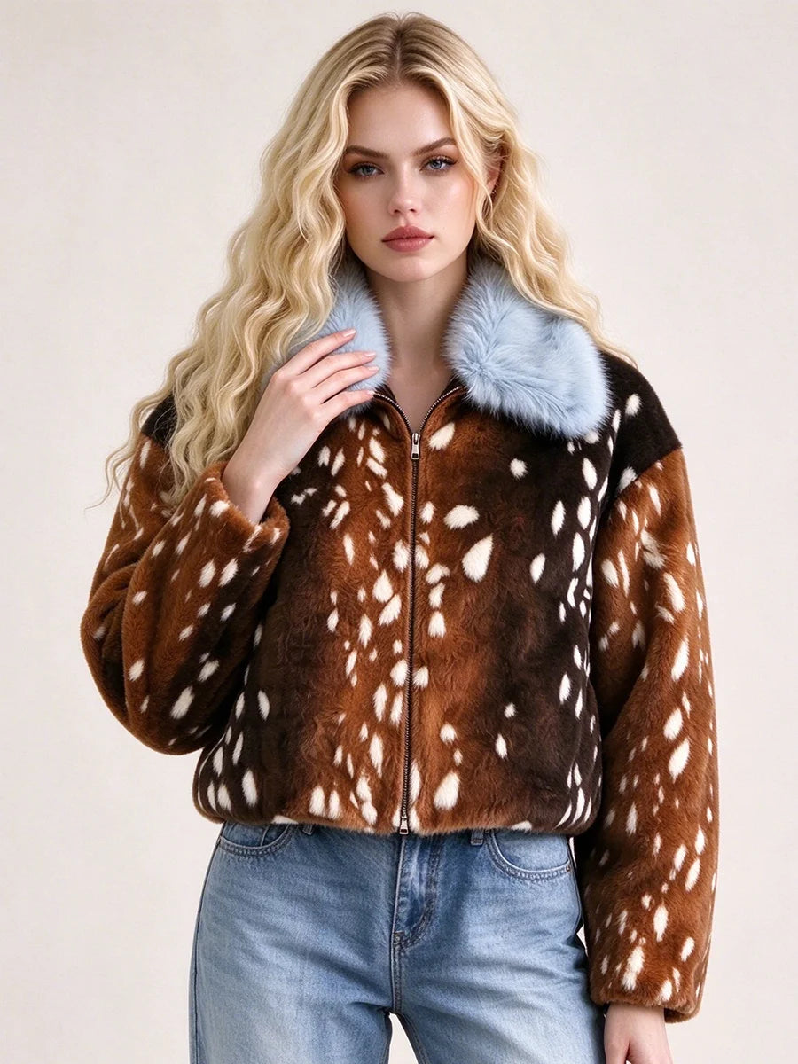 Close-up of the faux fur deer print collar jacket on a model