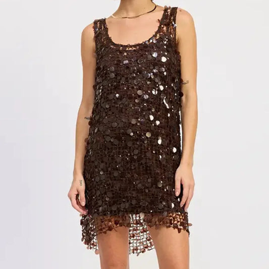 Dark brown sequin mesh mini dress