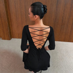 V-Neck Three Quarter Sleeve Backless Tie Up Midi Dress