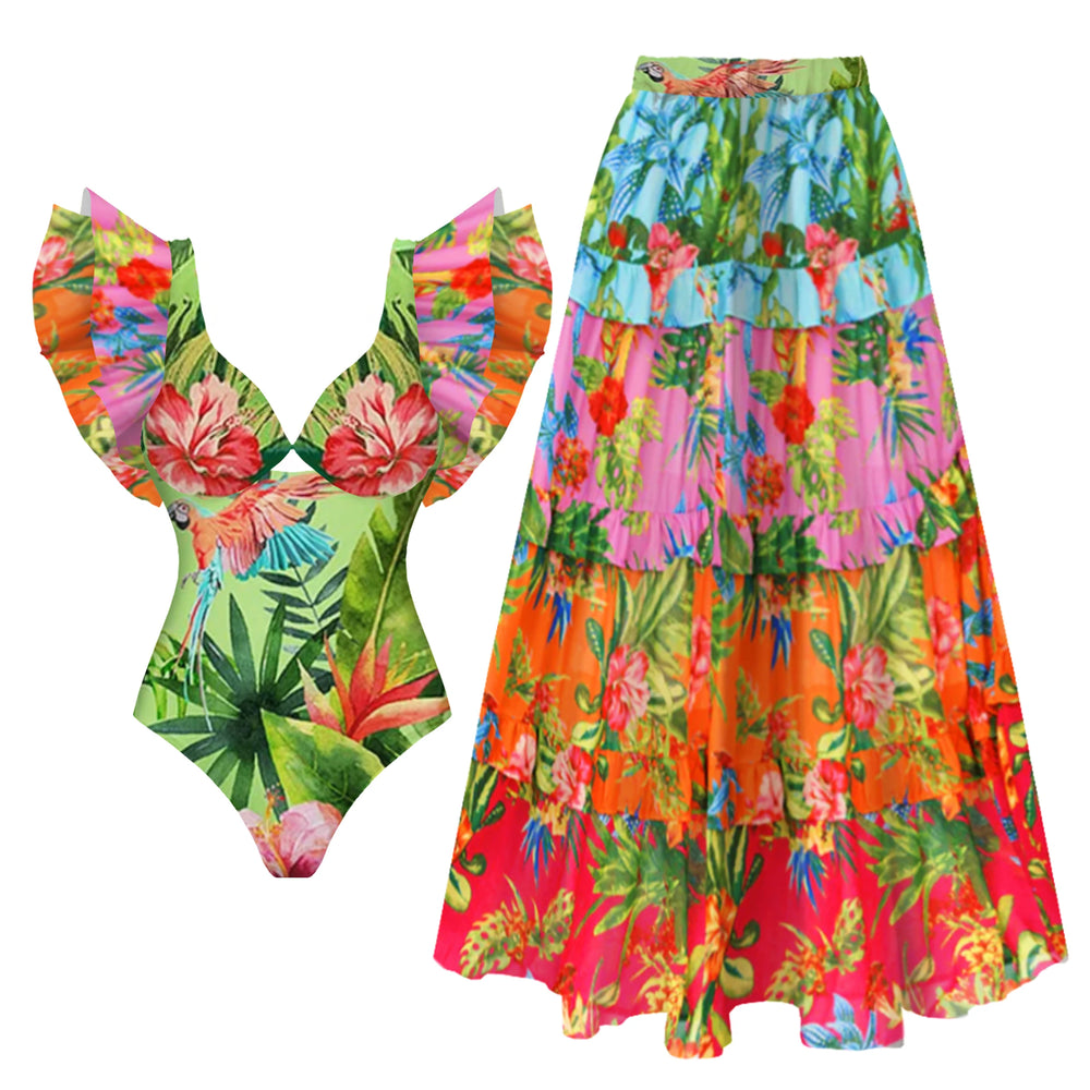 V-neck ruffled one-piece swimsuit with tropical print and tiered maxi skirt