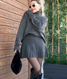 Grey Long Sleeve High Neck Knitted Pullover And Pleated Mini Skirt