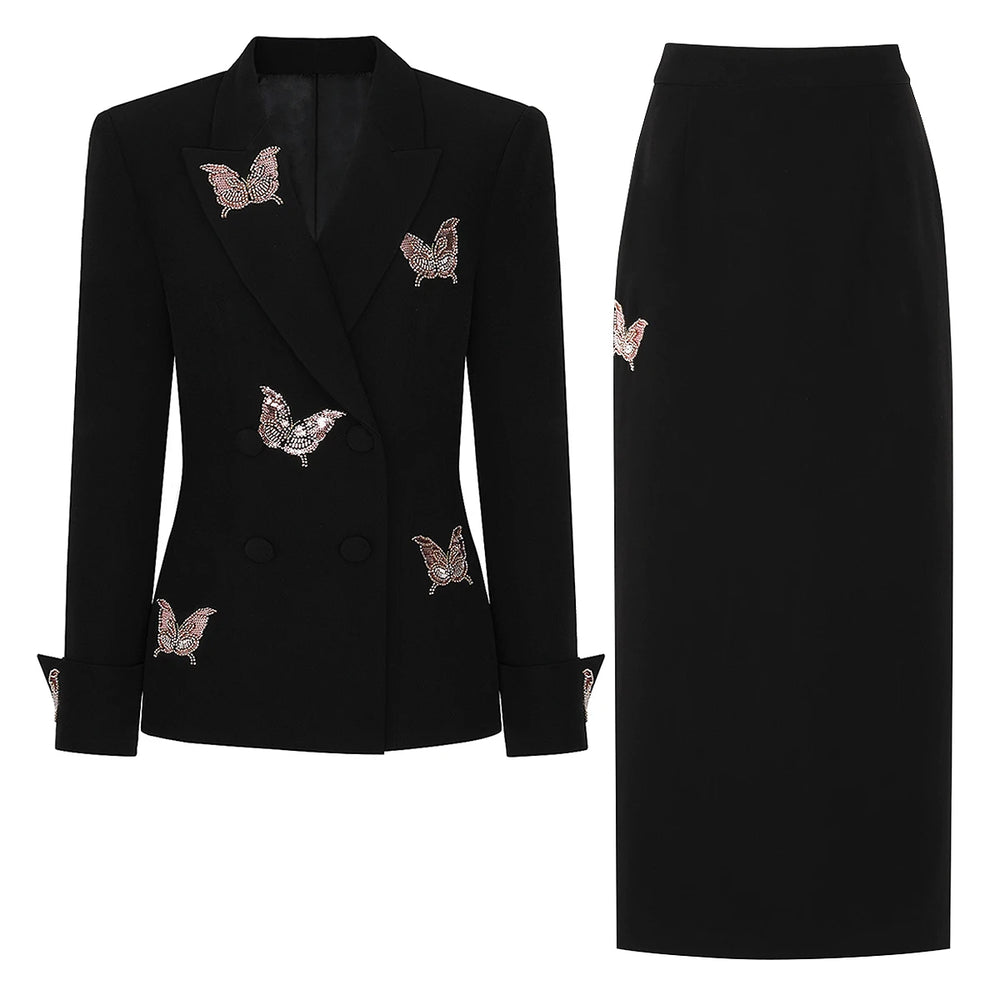 Embellished butterfly double breasted blazer with maxi skirt