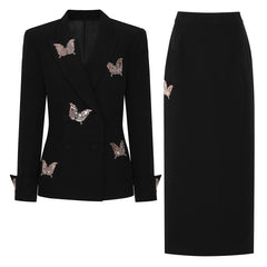 Embellished butterfly double breasted blazer with maxi skirt