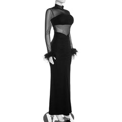 Black Feather Trim Mesh Turtleneck Maxi Dress