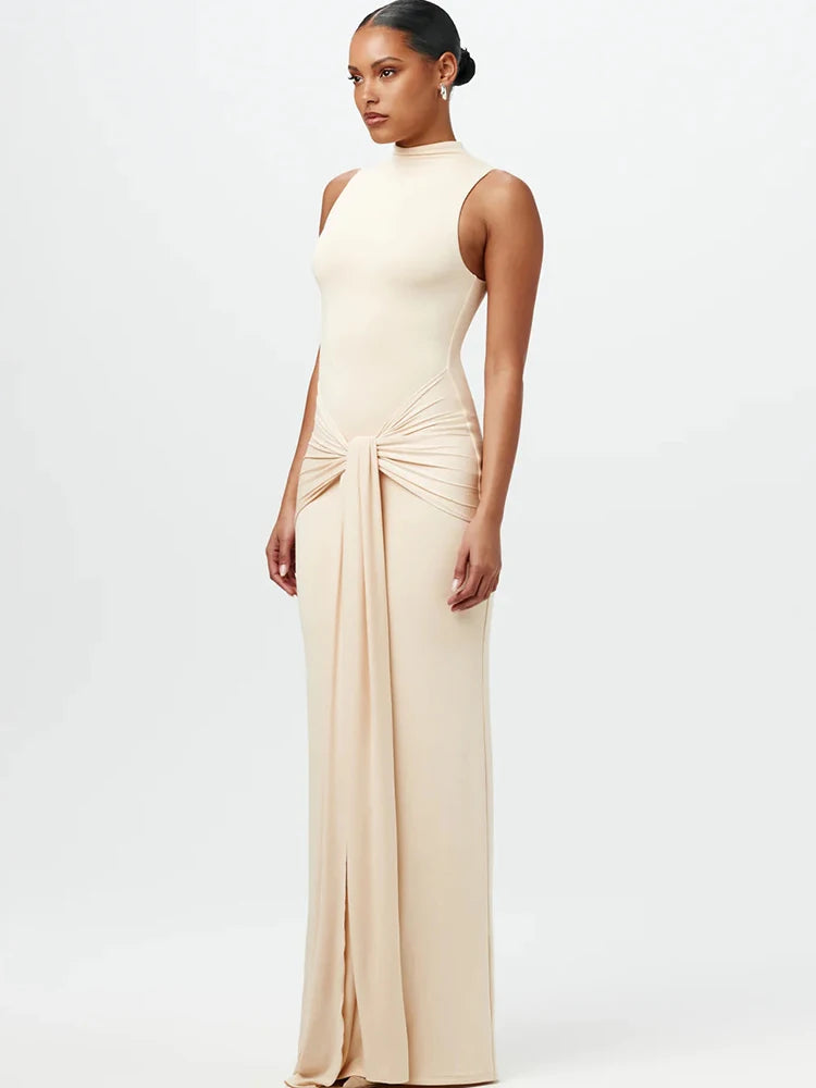 Mock neck sleeveless maxi dress with front knot detail in cream