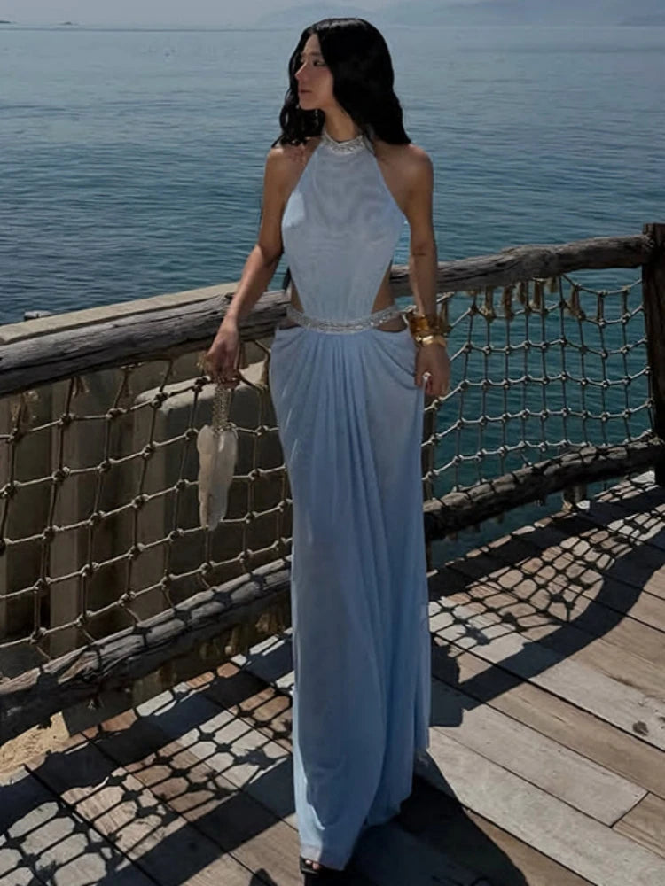 Light blue halter neck beaded cutout maxi dress by the water