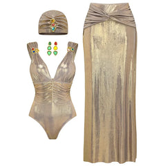 V-Neck Ruched Cut-Out Halter One-Piece Swimsuit and Maxi Skirt Set