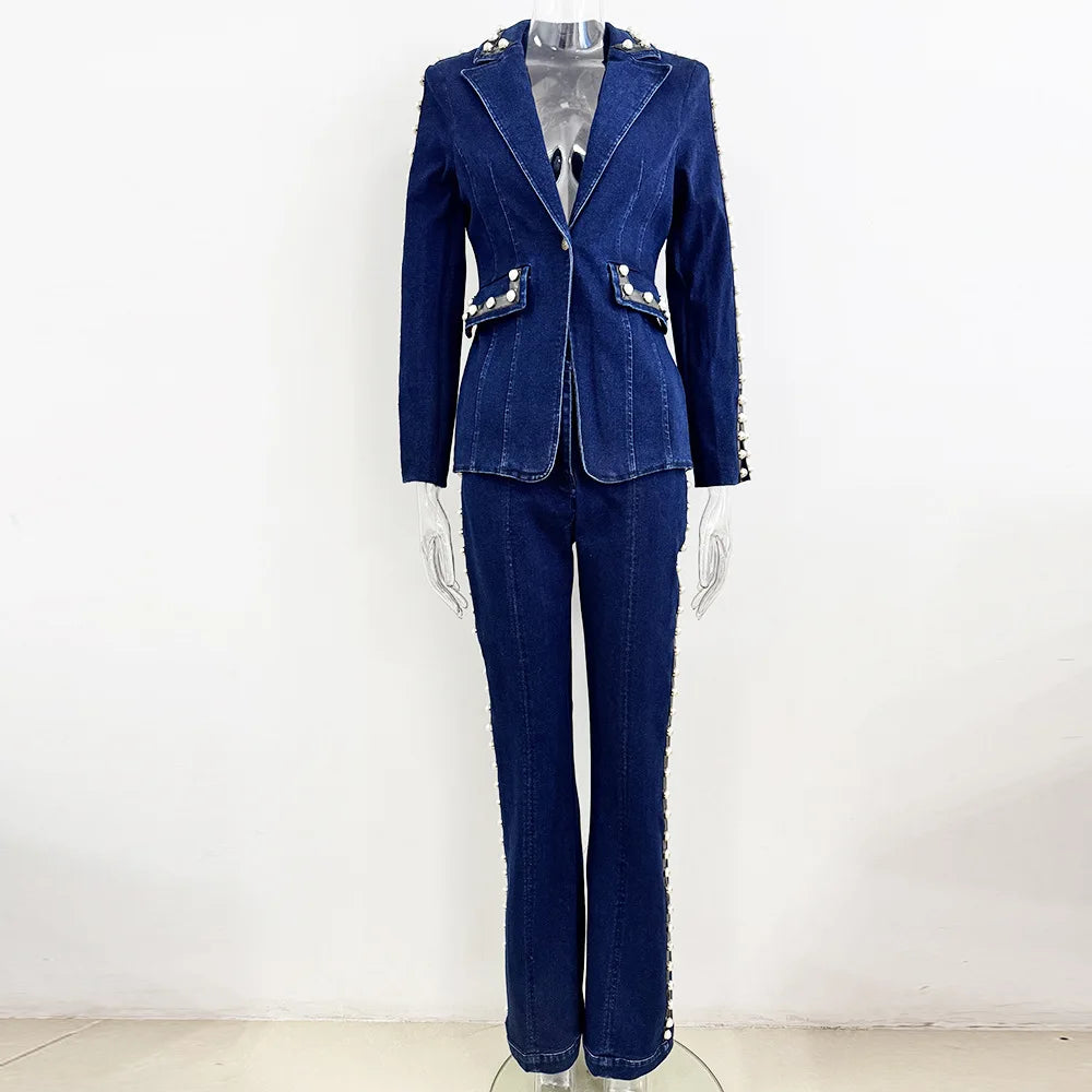 Beaded denim blazer and wide leg jeans suit on mannequin.