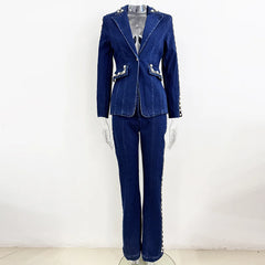 Beaded denim blazer and wide leg jeans suit on mannequin.