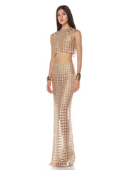 Cropped top and maxi skirt two-piece set with grid pattern