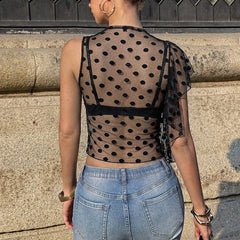 Polka Dot Mesh Ruffle Crop Top