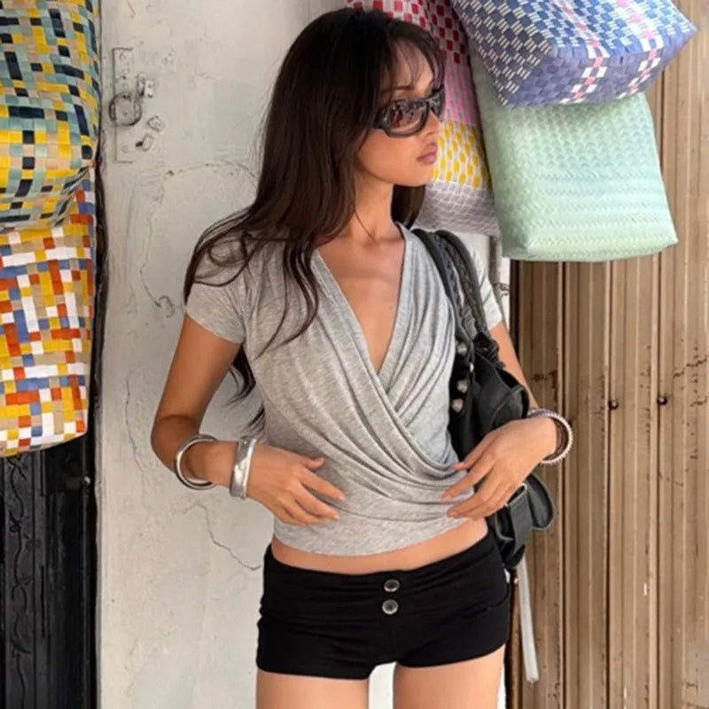 Gray deep v-neck draped front top